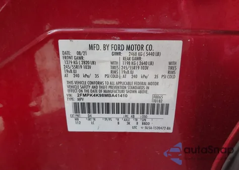 2021 Ford Edge Titanium из США, поврежденный, VIN 2FMPK4K98MBA41410